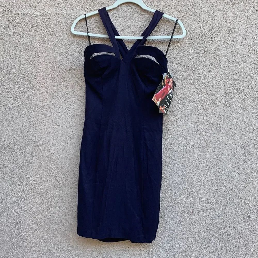 Roberta Bridal V Neck Strap Cut Out Slimming Front Navy 7/8 Zip Back Dress New